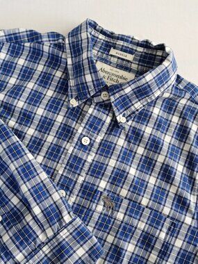 ABERCROMBIE FITCH Men's XL Muscle Plaid Button Down Shirt Blue White Long Sleeve